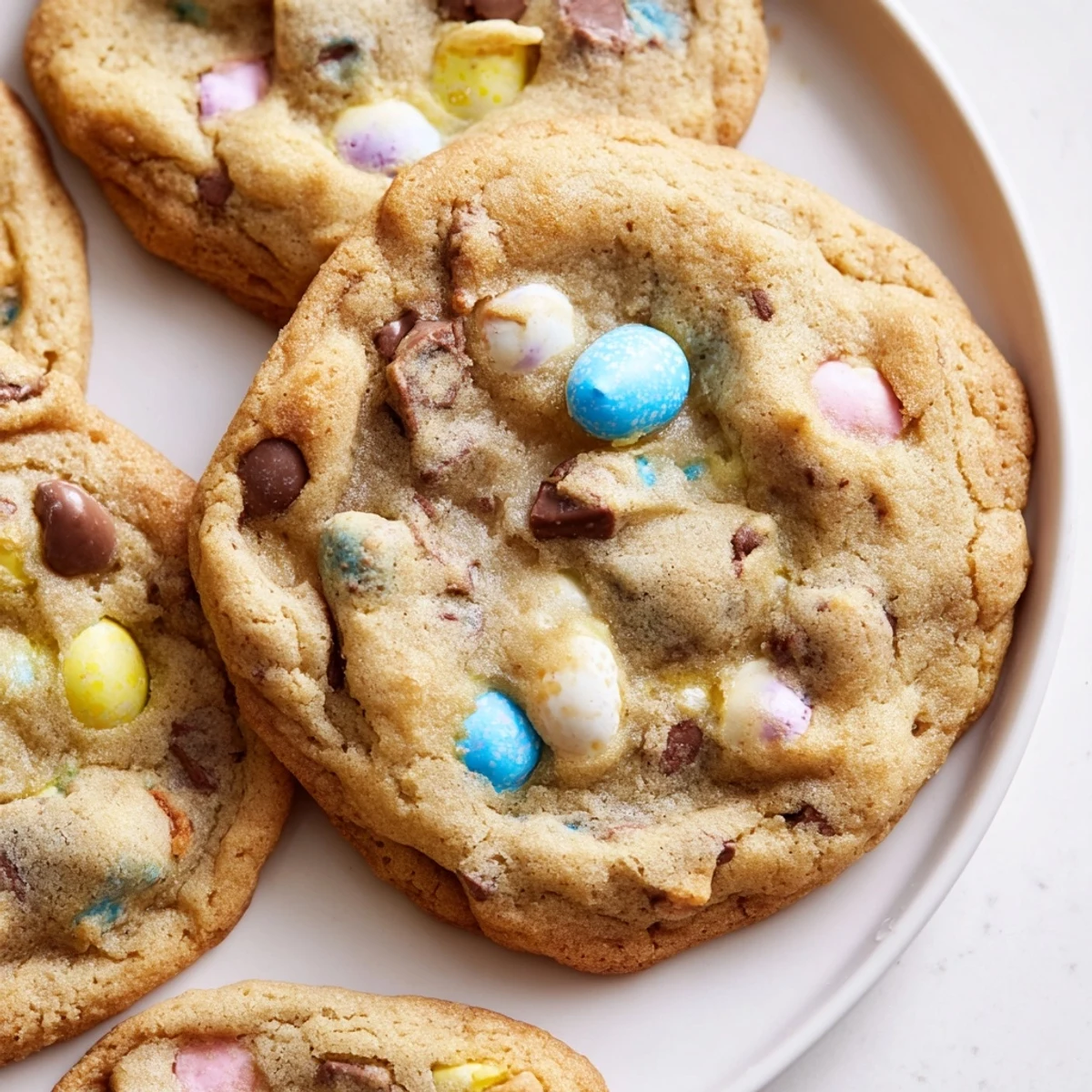 Soft chewy Cadbury Egg Cookies with colorful candy pieces studded throughout golden edges
