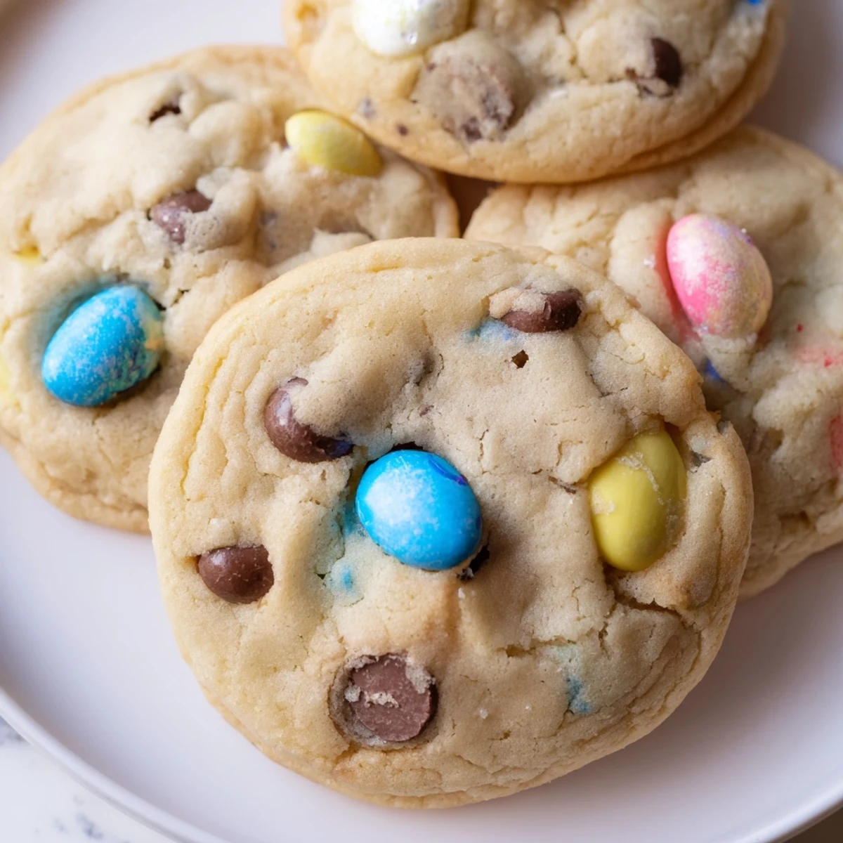 Warm Cadbury Egg Cookies fresh from oven with melting chocolate chips and pastel eggs