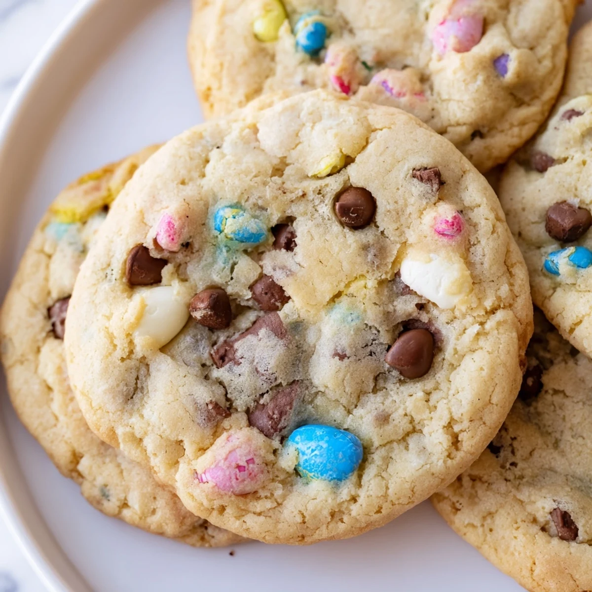 Thick bakery-style Cadbury Egg Cookies topped with vibrant mini chocolate Easter eggs