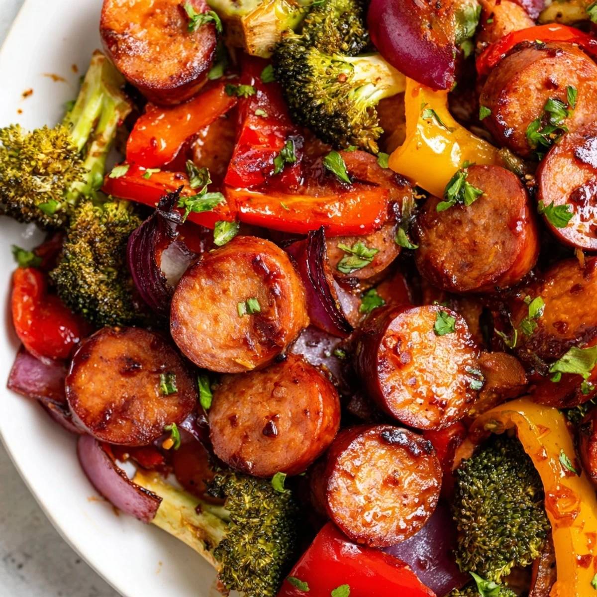 Caramelized honey garlic kielbasa roasted with vibrant tender vegetables on a sheet pan