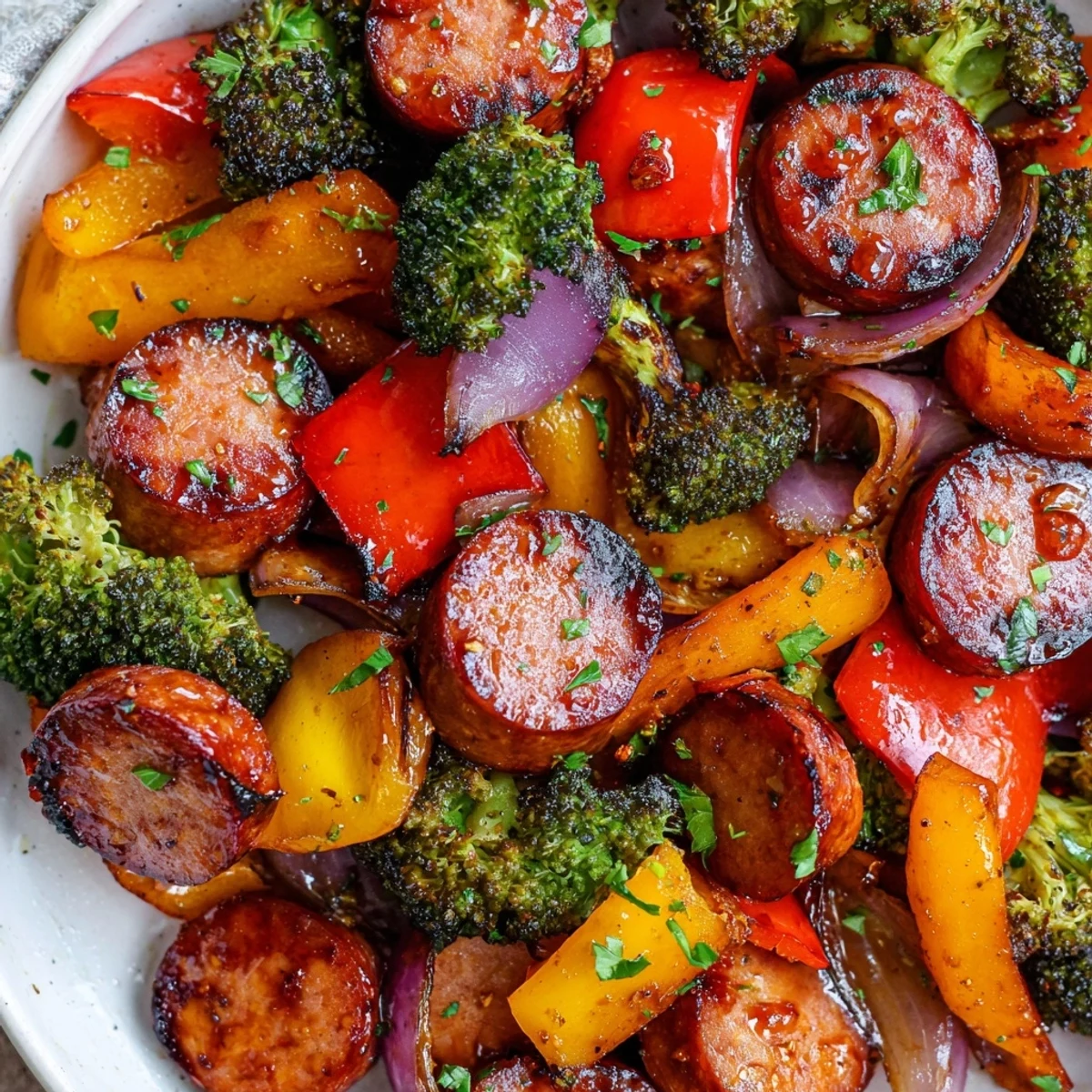 Honey garlic kielbasa and colorful veggies glistening with sweet sticky glaze