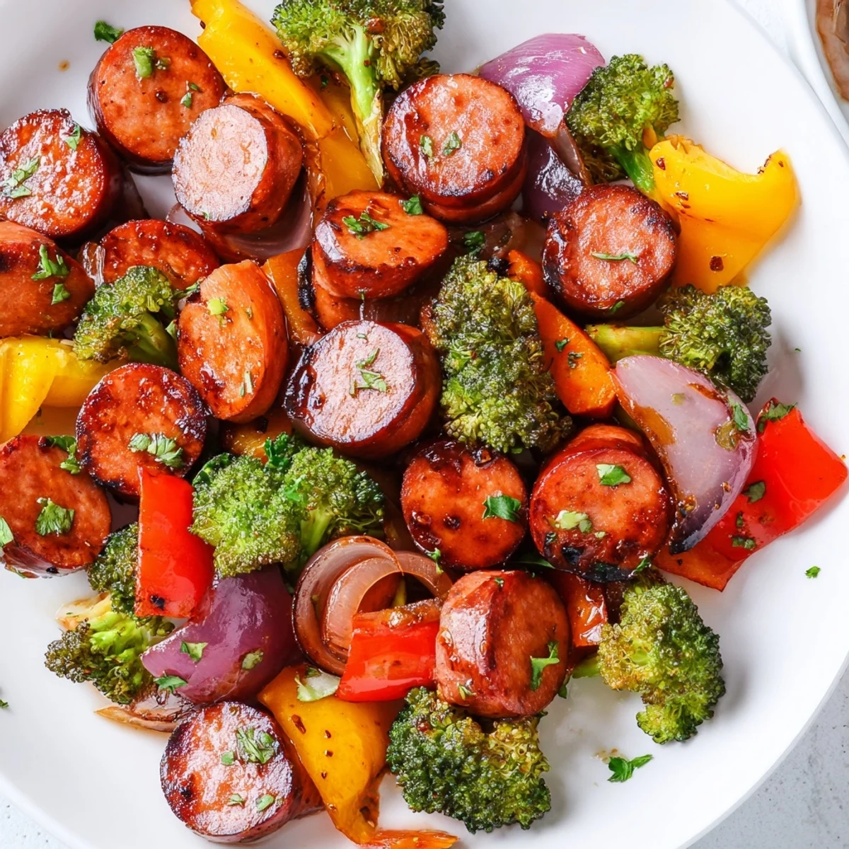 Smoky kielbasa slices surrounded by roasted broccoli and peppers in honey garlic sauce