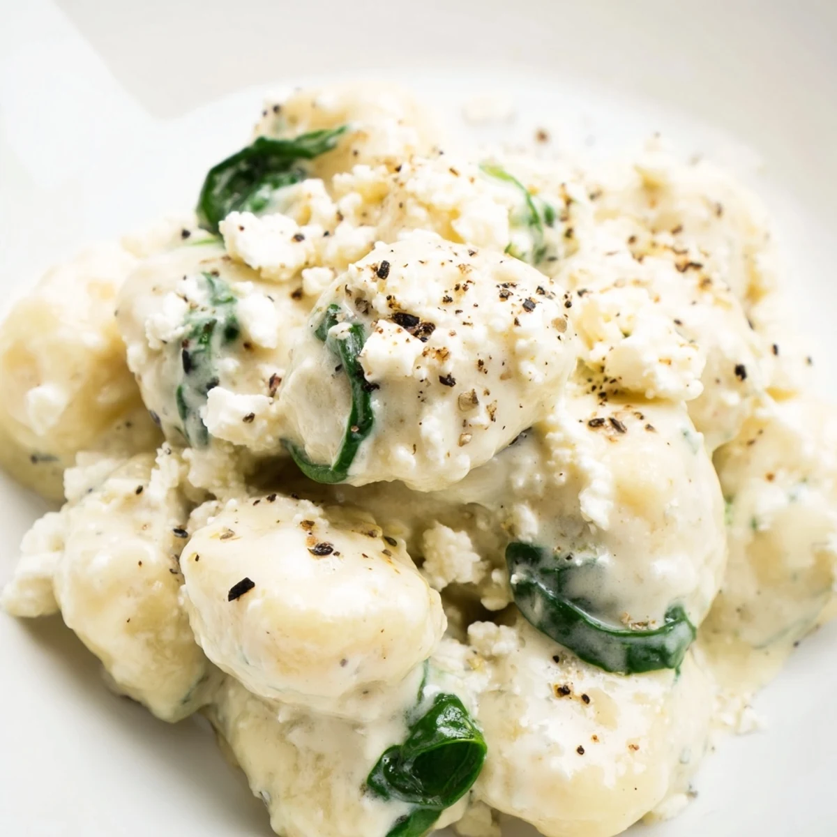 Golden potato gnocchi tossed with wilted spinach and crumbled feta in creamy sauce