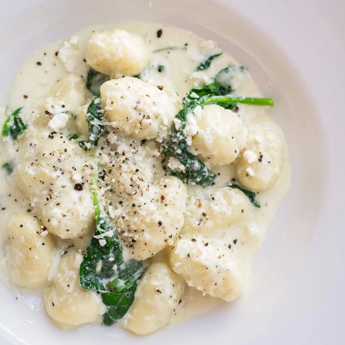Creamy gnocchi with spinach and feta served in a warm skillet with herbs