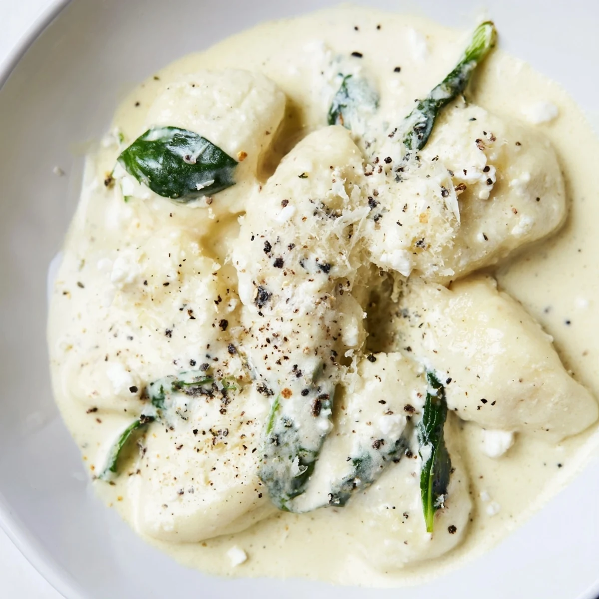 Steaming bowl of creamy gnocchi with spinach and feta garnished with black pepper