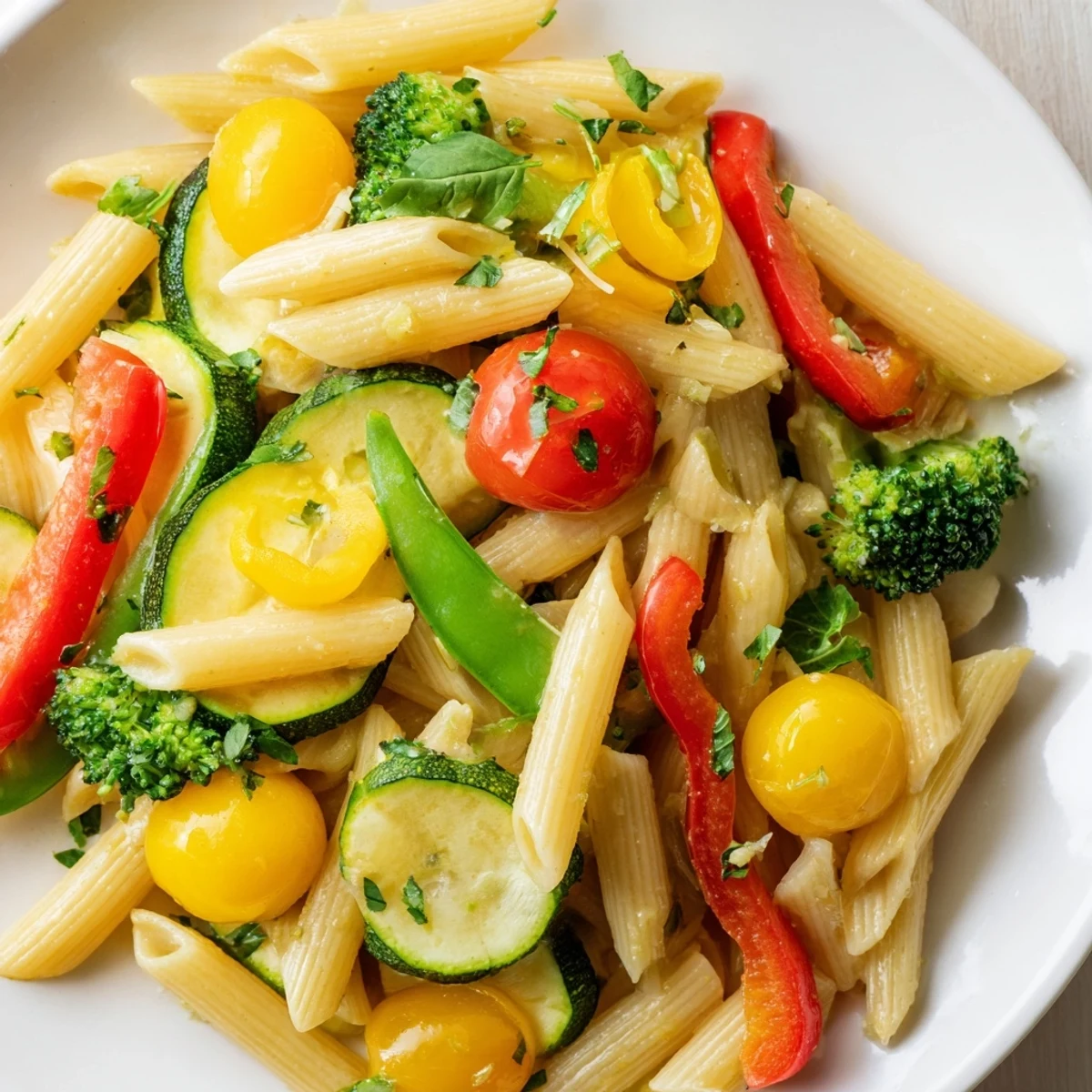 Colorful Pasta Primavera tossed with fresh spring vegetables in a light lemon garlic sauce.