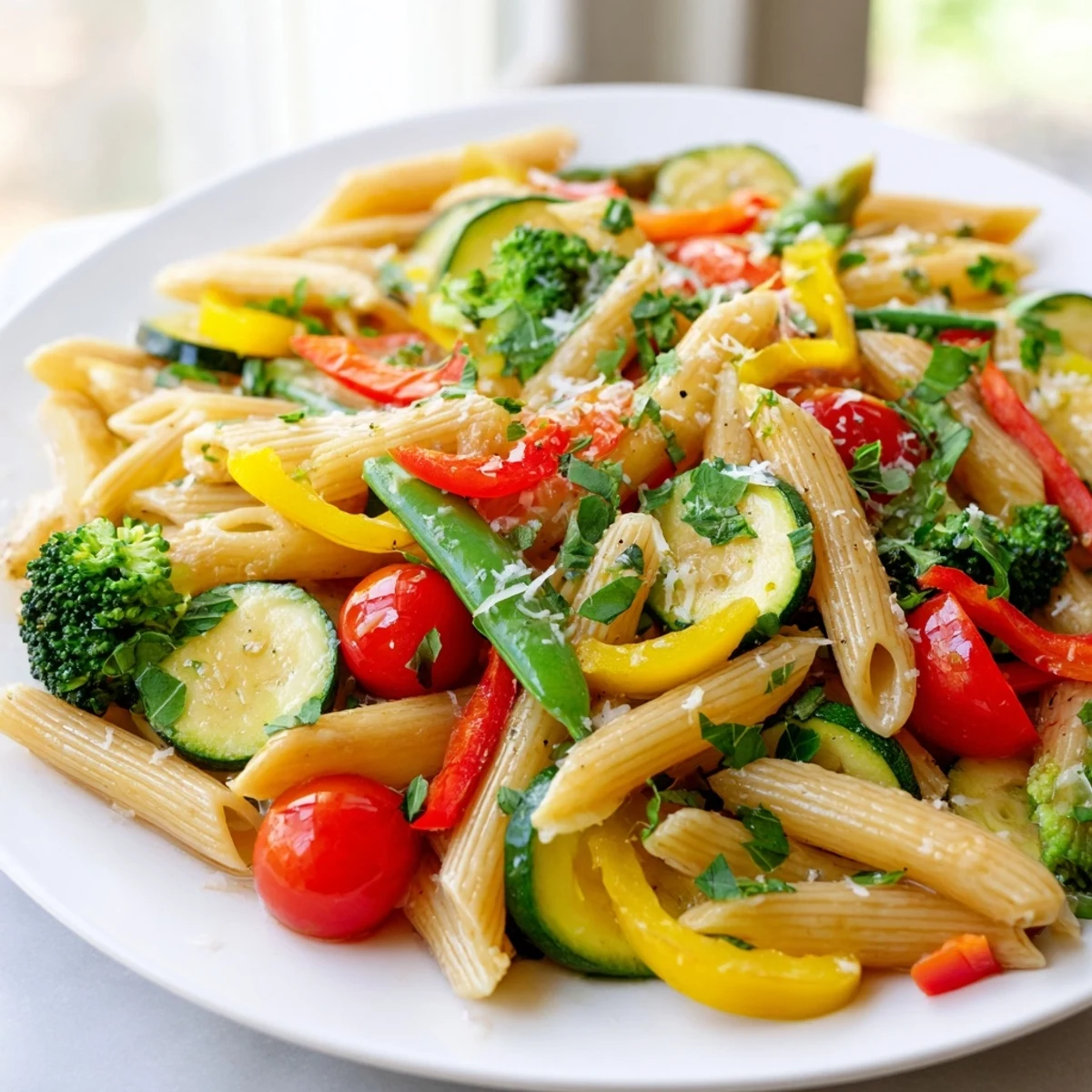 Steaming bowl of Pasta Primavera topped with Parmesan cheese and scattered fresh basil leaves.