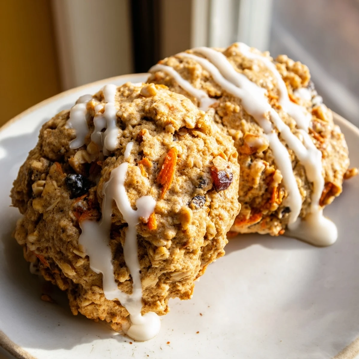 Golden brown butter carrot cake cookies with visible carrot shreds and chopped walnuts on a rustic baking sheet