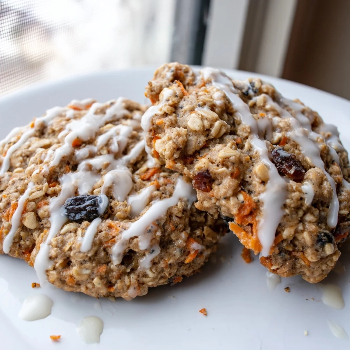Chewy brown butter carrot cake cookies drizzled with tangy cream cheese glaze stacked on a white ceramic plate