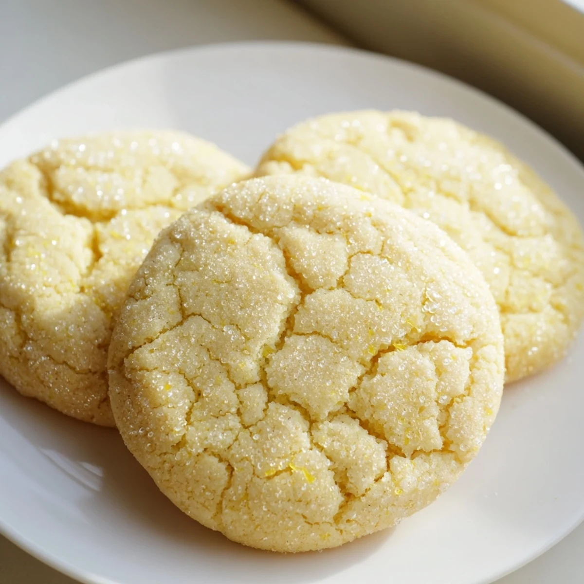 Golden lemon sugar cookies with crackly tops arranged on a rustic white baking sheet