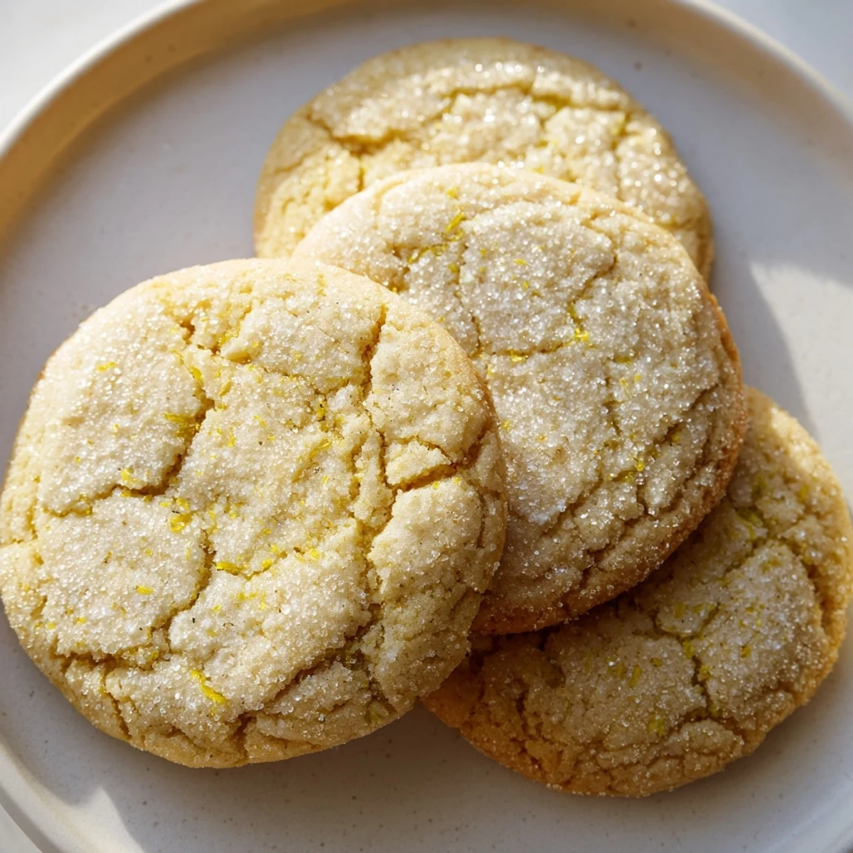 Chewy lemon sugar cookies dusted with sparkling sugar cooling on a wire rack