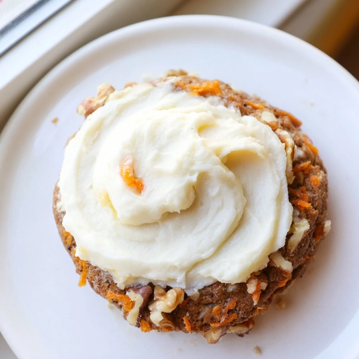 Soft Crumbl carrot cake cookies with swirled cream cheese frosting on a rustic wooden board