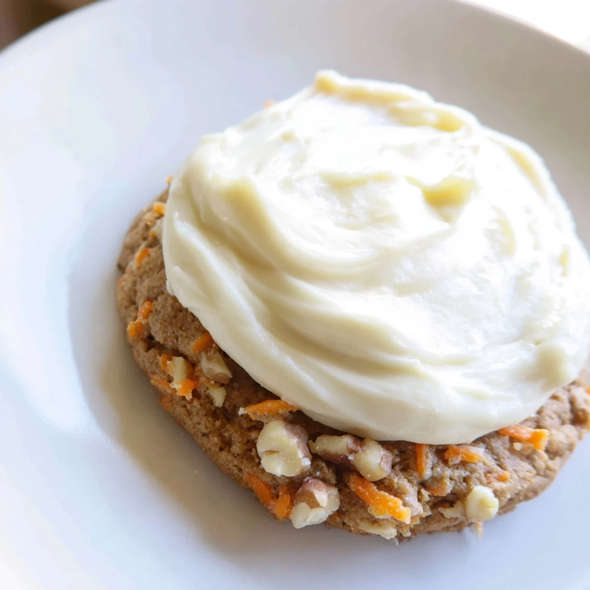 Thick spiced carrot cake cookies topped with fluffy white cream cheese icing close-up