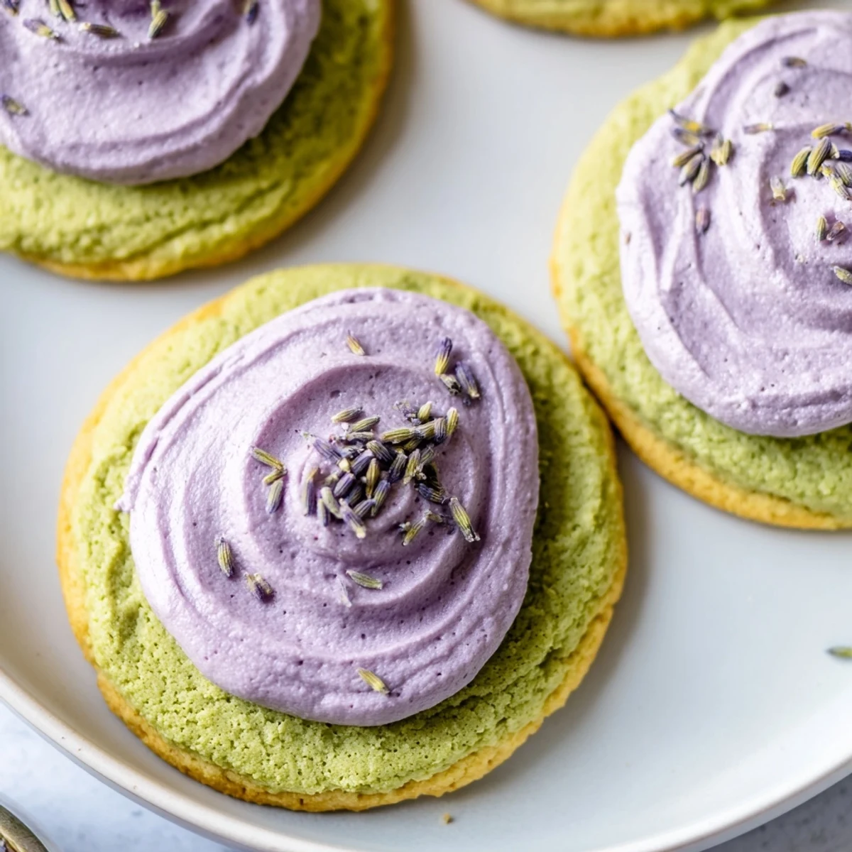 Soft green matcha sugar cookies with swirled purple lavender frosting on a rustic wooden board