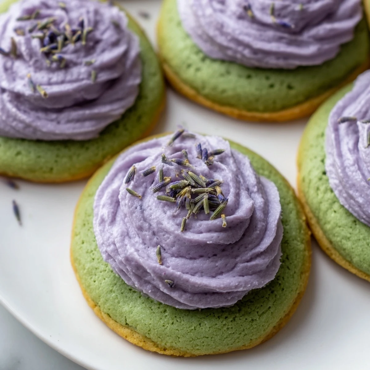 Elegant matcha sugar cookies topped with creamy lavender buttercream and delicate bud garnish