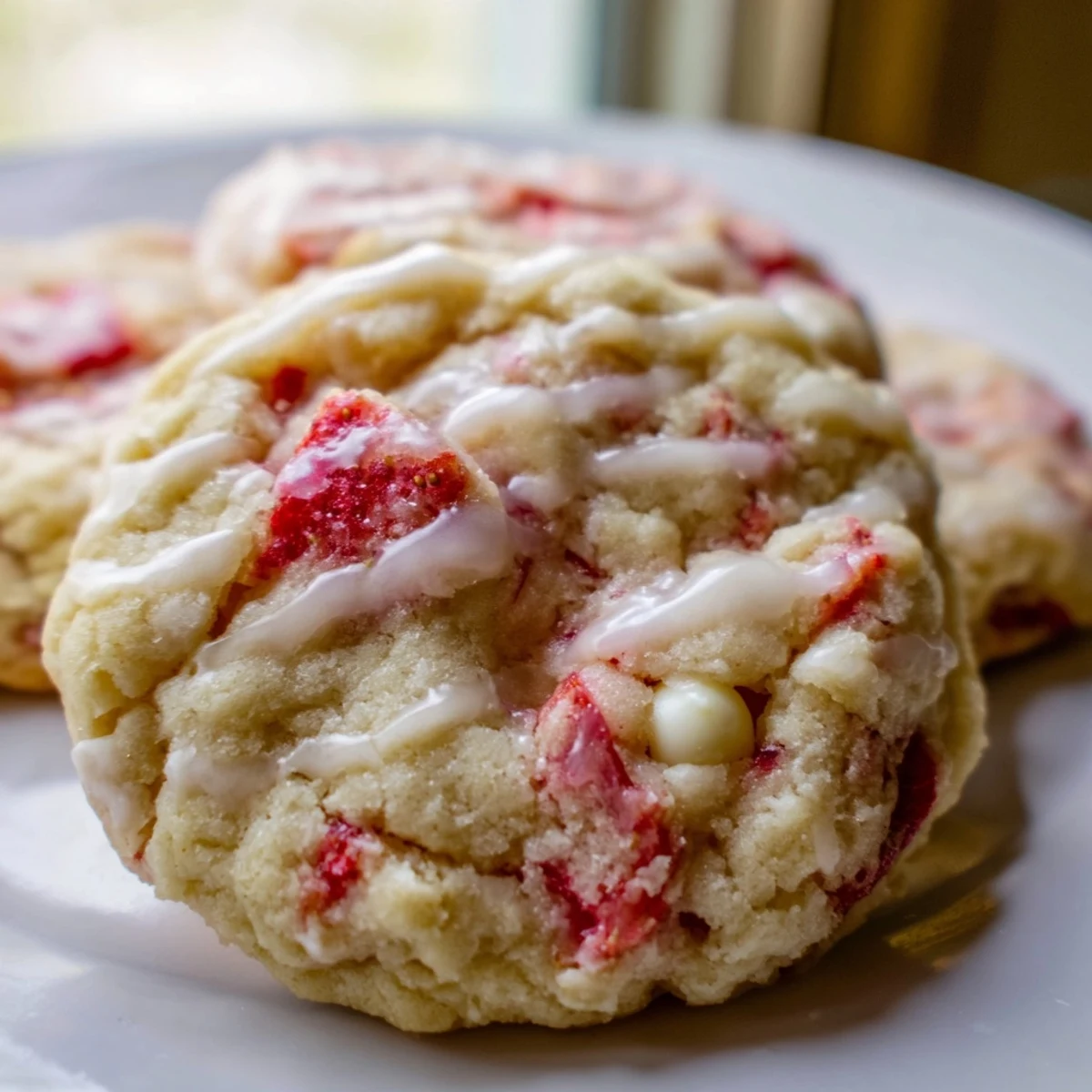 Soft strawberry lemonade cookies with pink fruit bits and golden edges on rustic white plate