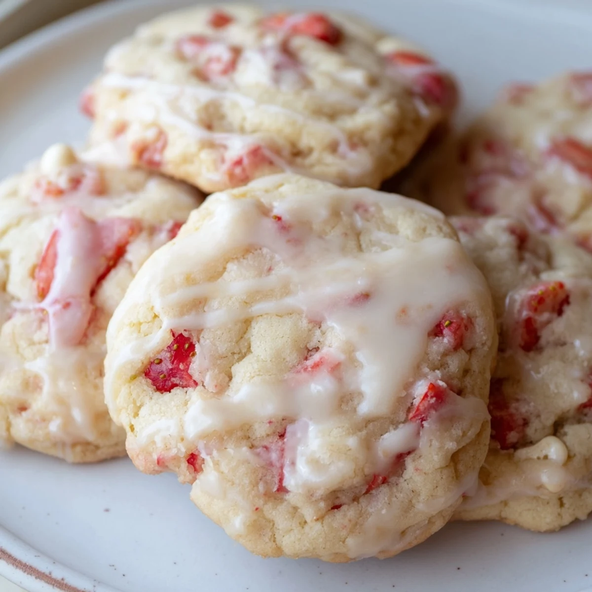 Chewy strawberry lemonade cookies drizzled with tangy citrus glaze stacked on cooling wire rack