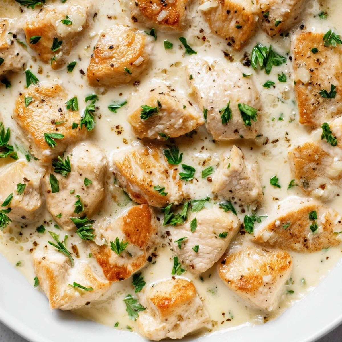 Creamy Garlic Chicken in golden skillet with velvety white Parmesan sauce and fresh parsley garnish
