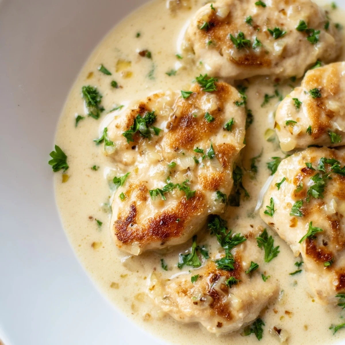 Tender Creamy Garlic Chicken breasts smothered in rich, silky garlic butter sauce ready for serving