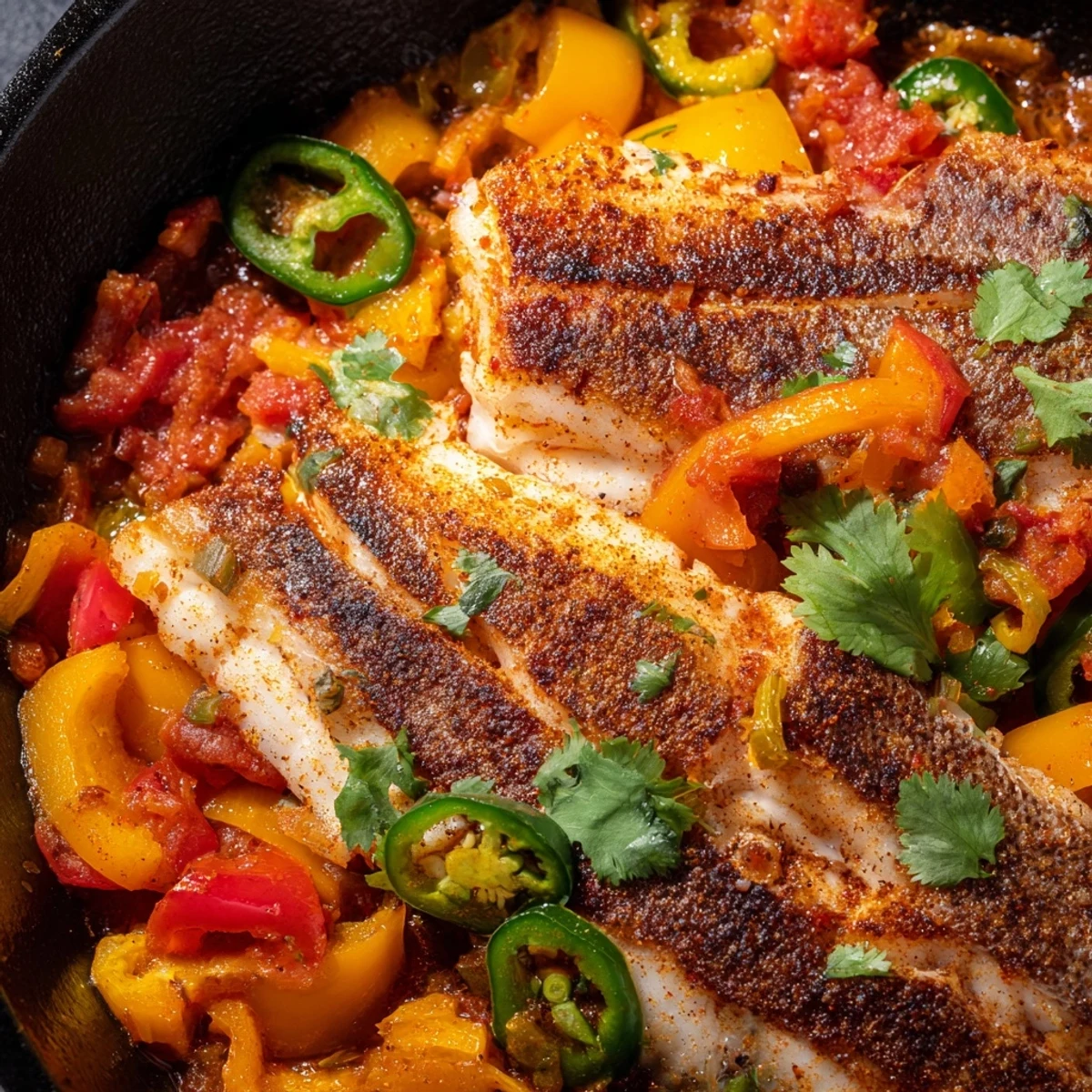 Golden tilapia fillets nestled in spicy roasted pepper skillet with vibrant red and yellow peppers