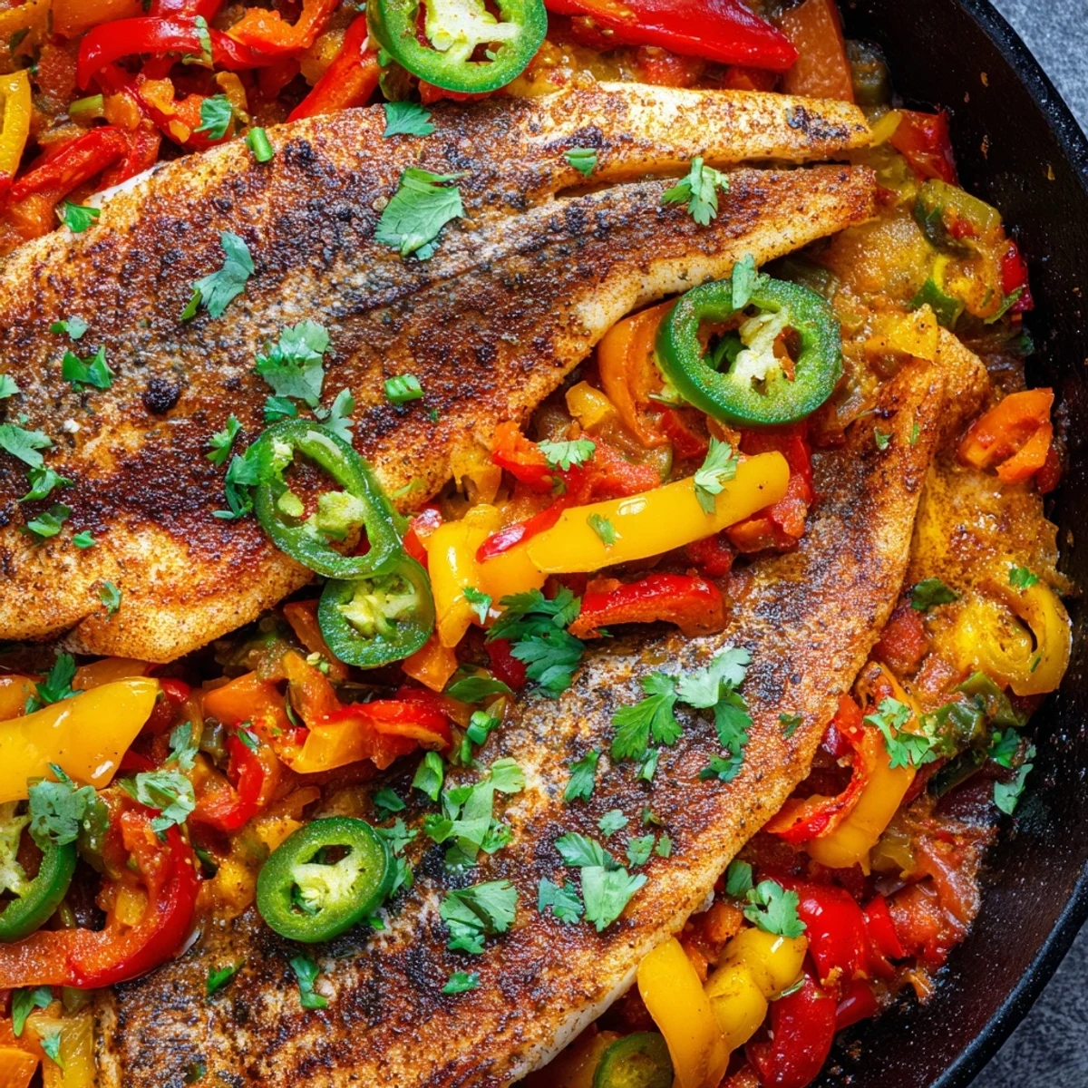 Spicy roasted pepper tilapia skillet topped with fresh cilantro and zesty lime juice