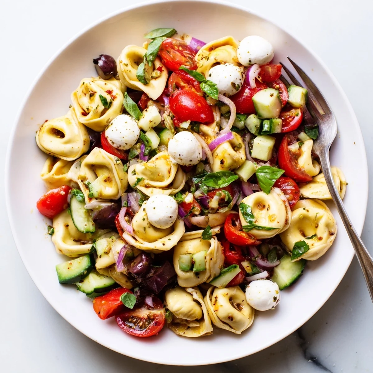 Creamy tortellini pasta salad tossed with colorful vegetables and zesty Italian dressing