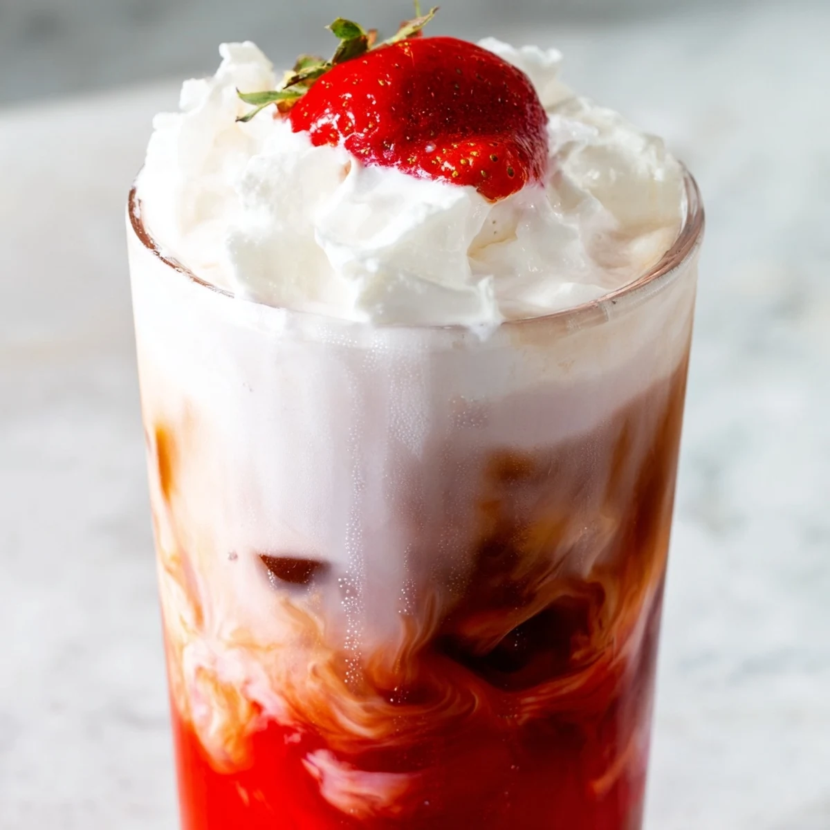 Creamy strawberry latte layered over ice with rich espresso and fresh berry garnish