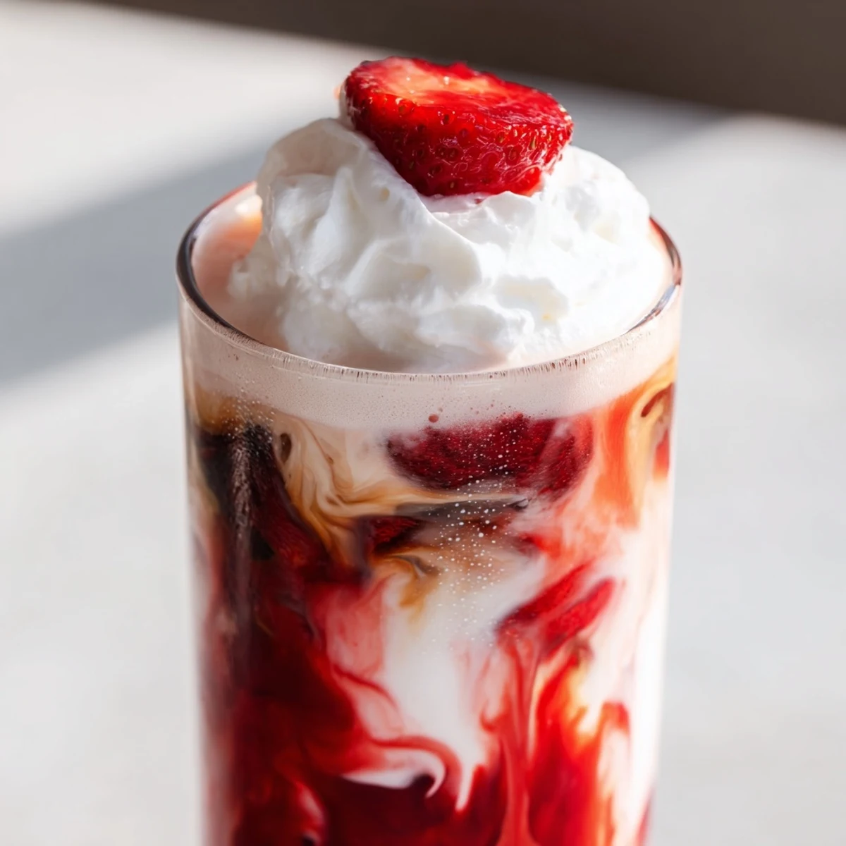 Refreshing strawberry cream cold latte served in a tall glass with swirled pink layers