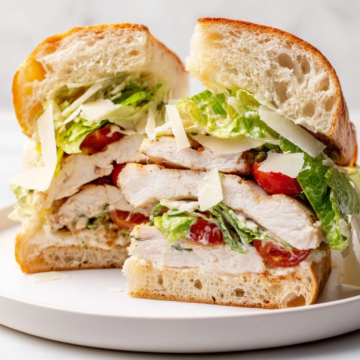Juicy grilled Chicken Caesar Sandwich with crisp romaine and creamy dressing on golden toasted ciabatta