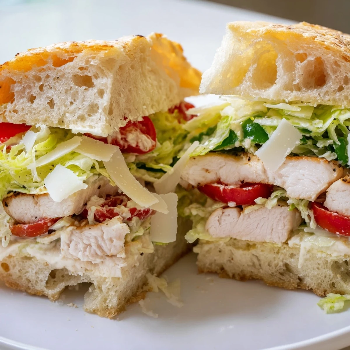 Toasted Chicken Caesar Sandwich layered with shaved Parmesan, fresh lettuce, and tangy homemade Caesar dressing