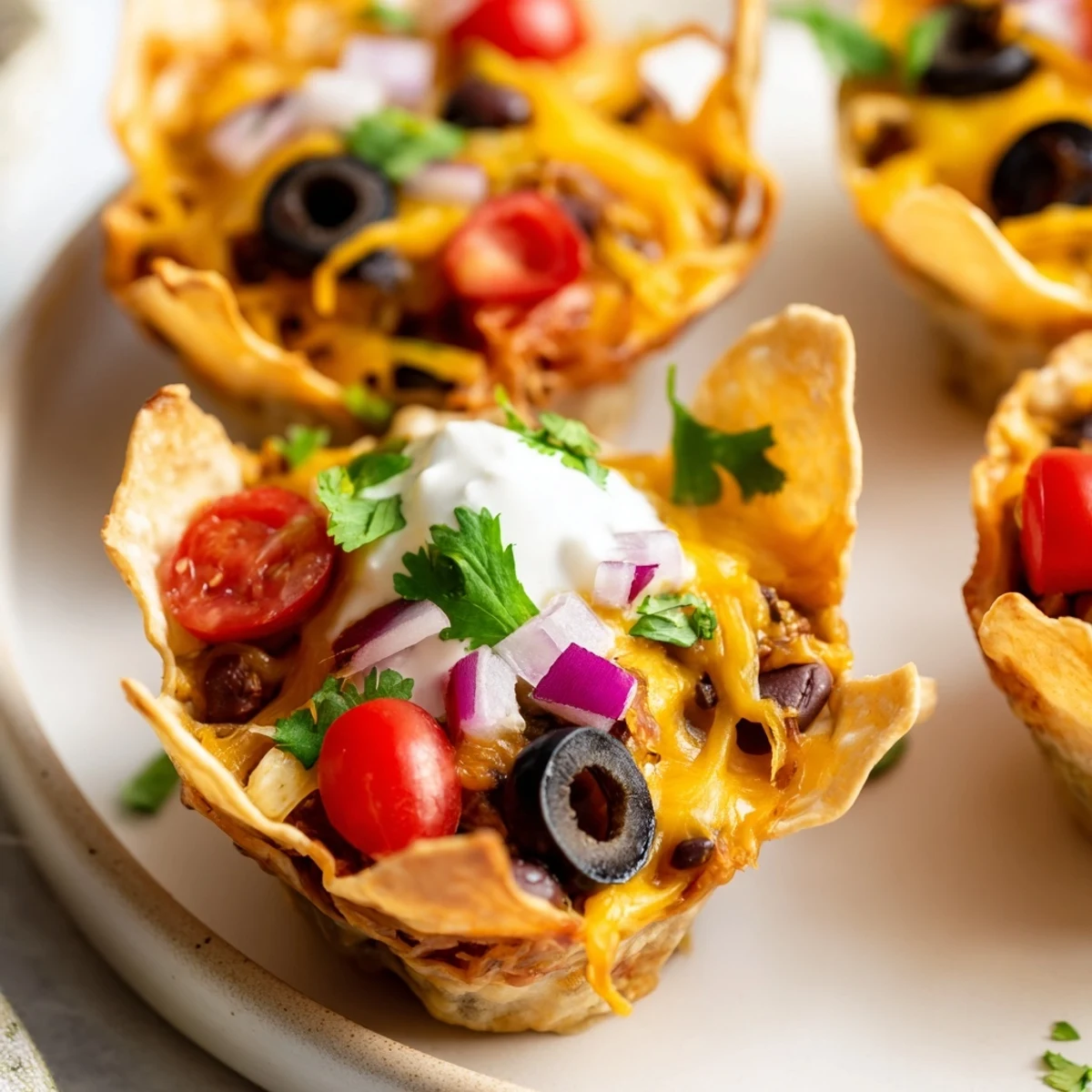 Golden cheesy nacho cups bubbling with melted cheddar and colorful fresh toppings