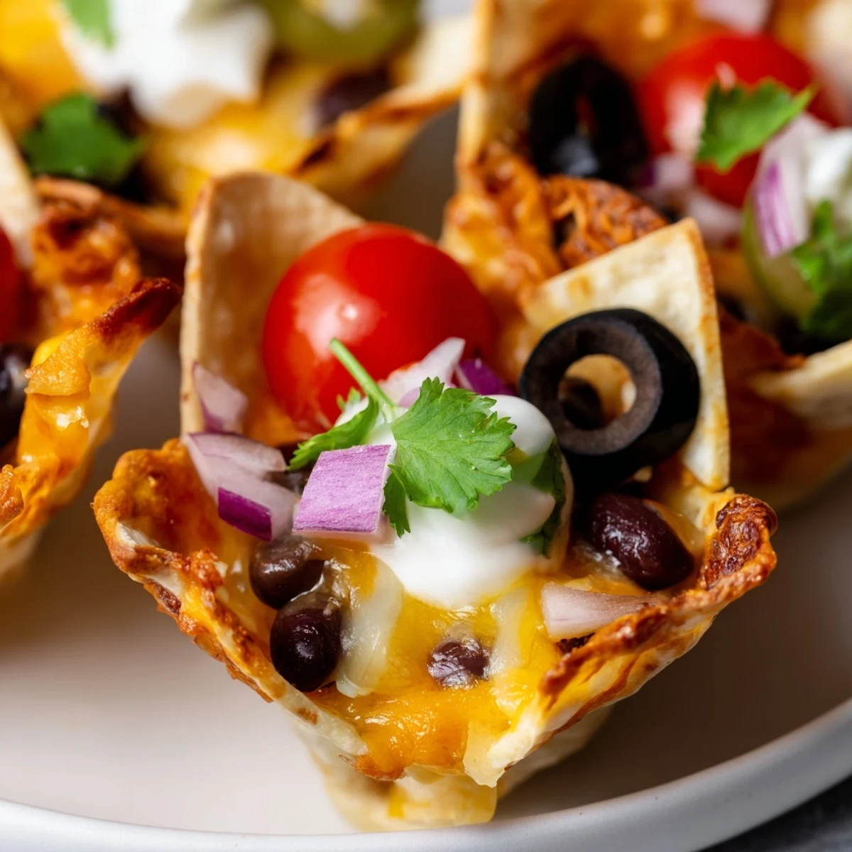 Crispy tortilla cups filled with gooey cheese, beans, and zesty garnishes