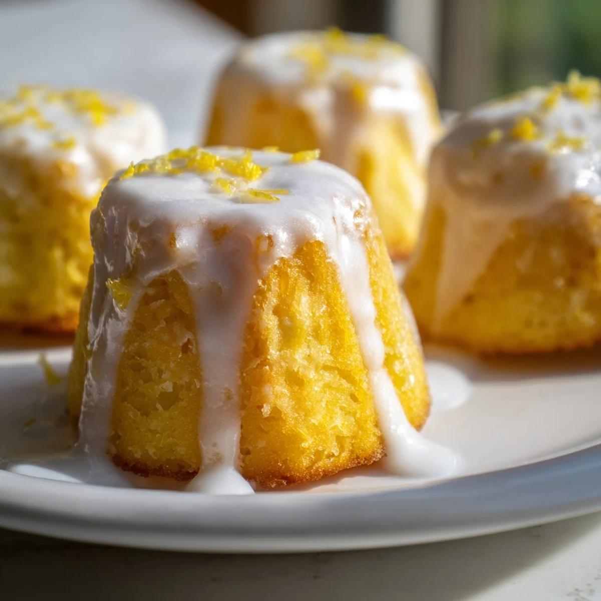 Golden mini lemon cakes drizzled with tangy glaze on a white serving plate