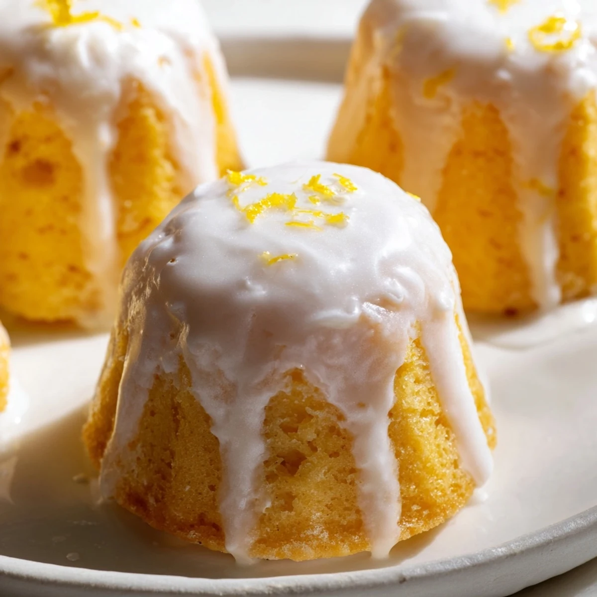 Moist mini lemon cakes topped with powdered sugar glaze and fresh zest