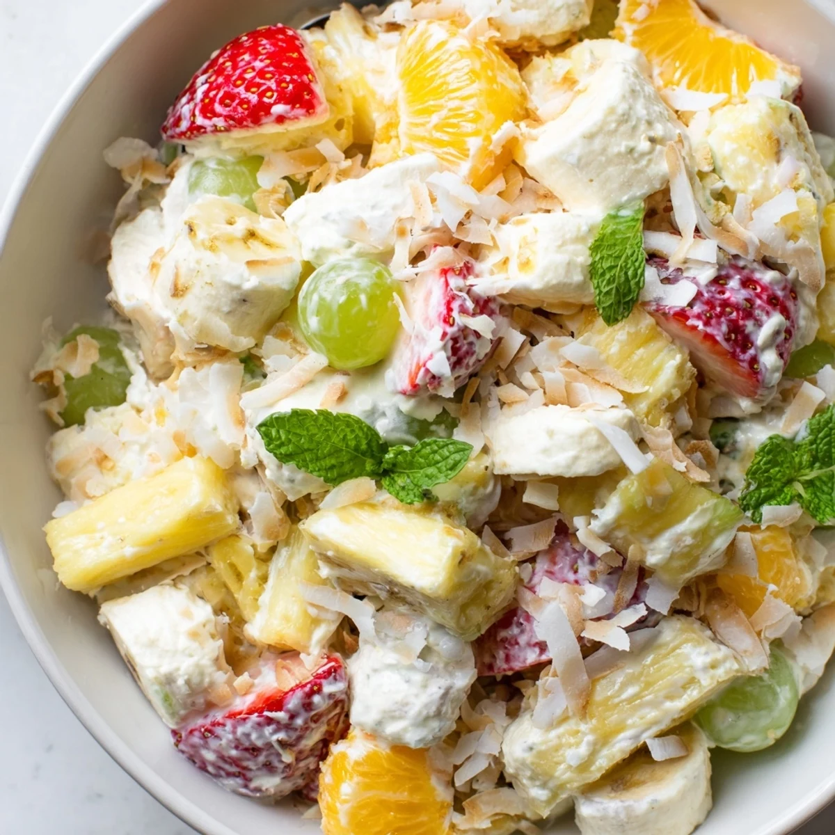 Creamy Hawaiian Cheesecake Salad topped with fresh tropical fruits and toasted coconut garnish