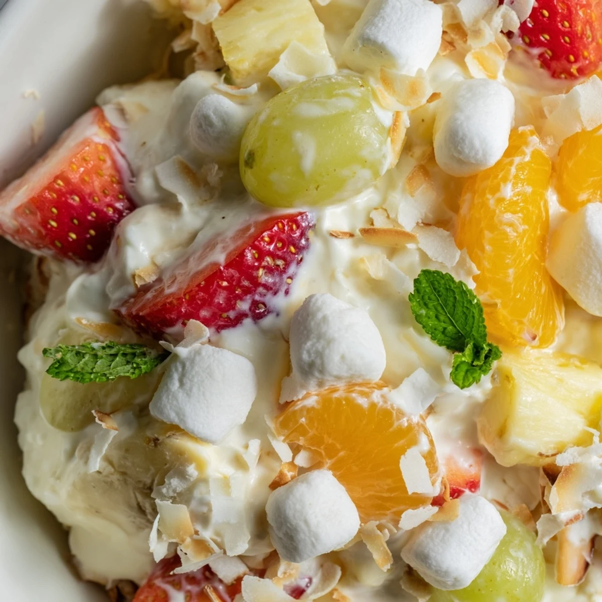 Hawaiian Cheesecake Salad in a glass bowl featuring vibrant strawberries, pineapple, and mandarin oranges