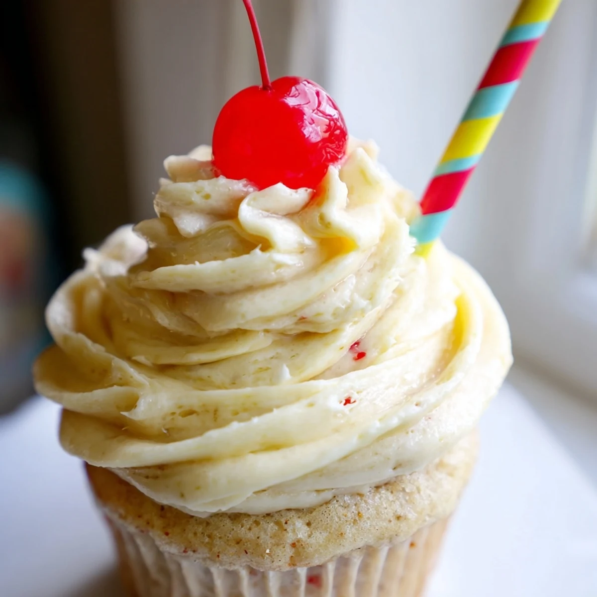 Golden banana milkshake cupcakes with fluffy swirled buttercream frosting ready for a summer dessert