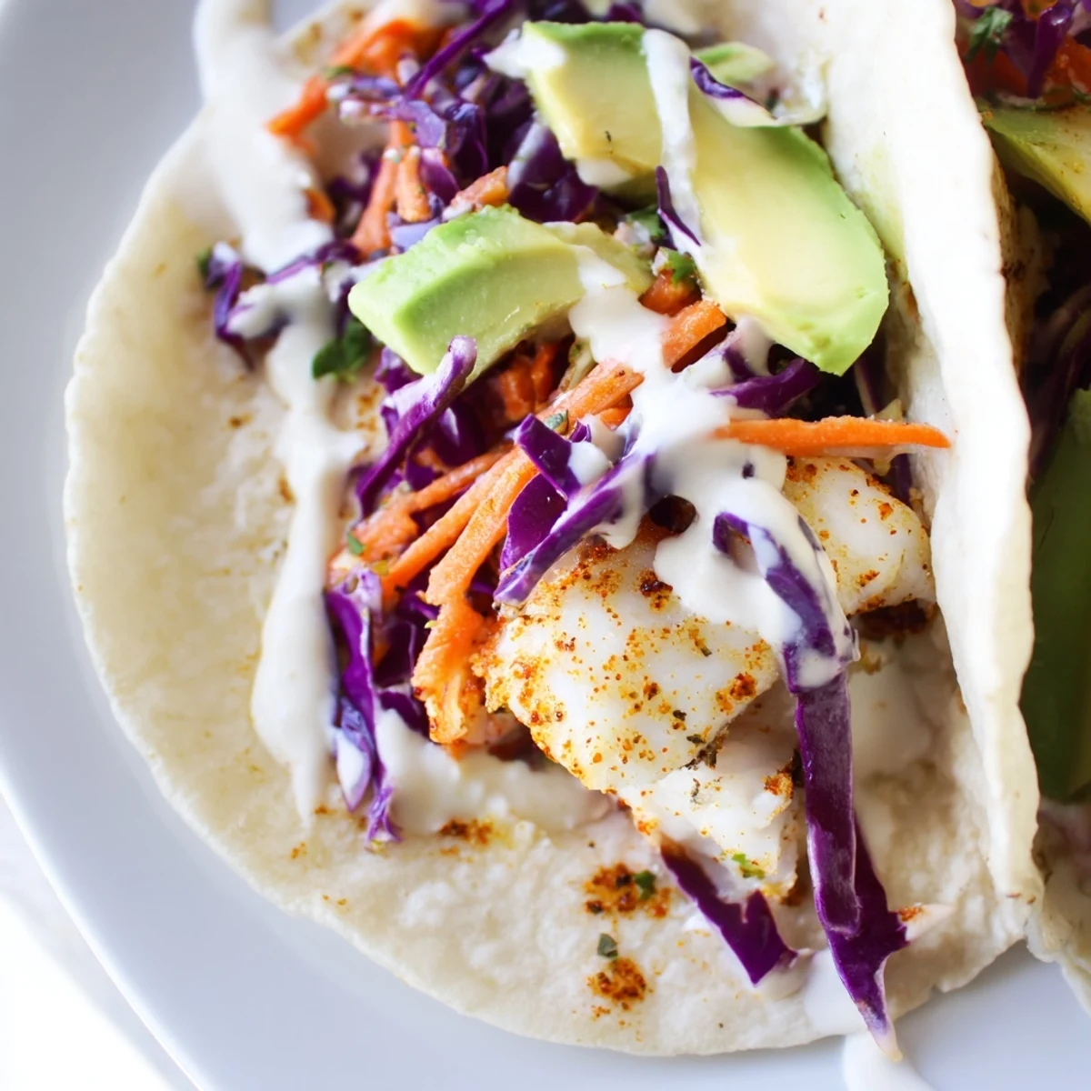Crispy spiced tilapia fish tacos topped with vibrant slaw and creamy lime crema on warm tortillas