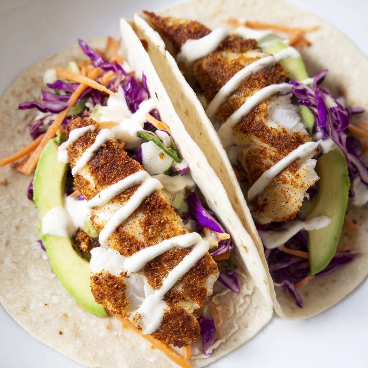 Golden tilapia fish tacos loaded with fresh cabbage slaw and drizzled with zesty sauce