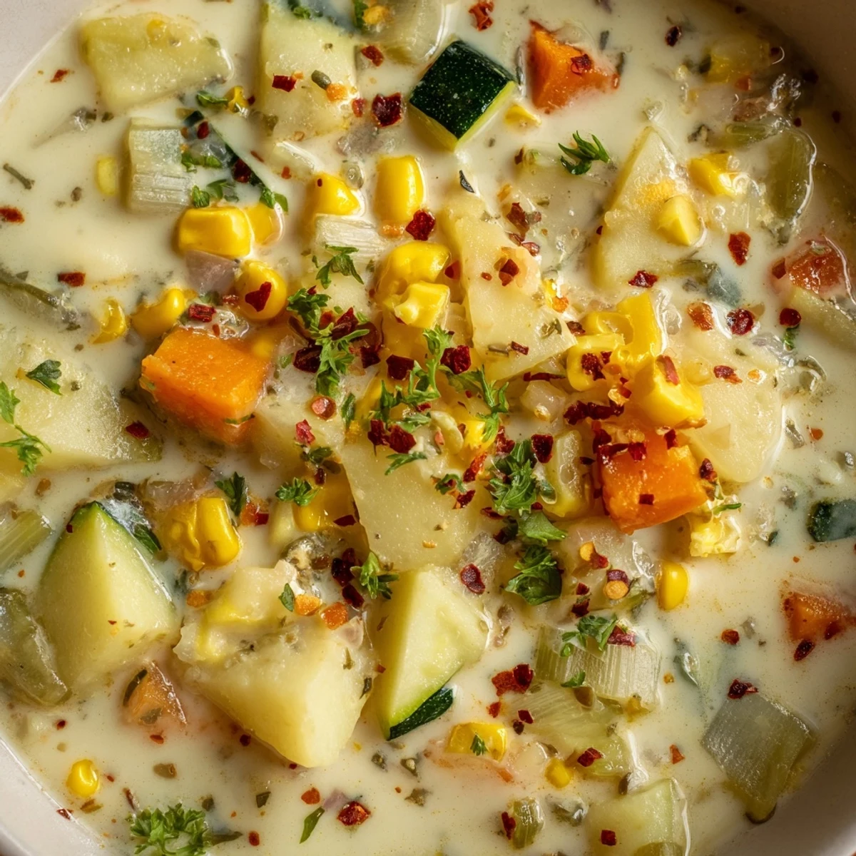 Creamy potato corn zucchini soup in a rustic bowl garnished with fresh parsley