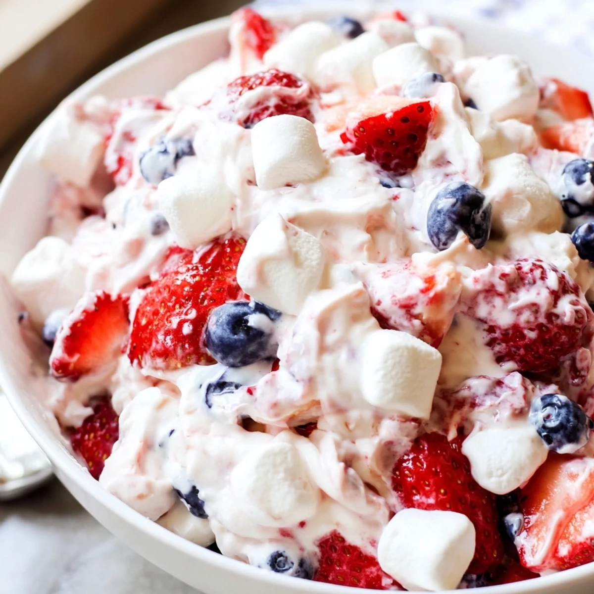 Creamy Red White Blue Cheesecake Salad loaded with fresh berries and marshmallows in a frosted serving bowl