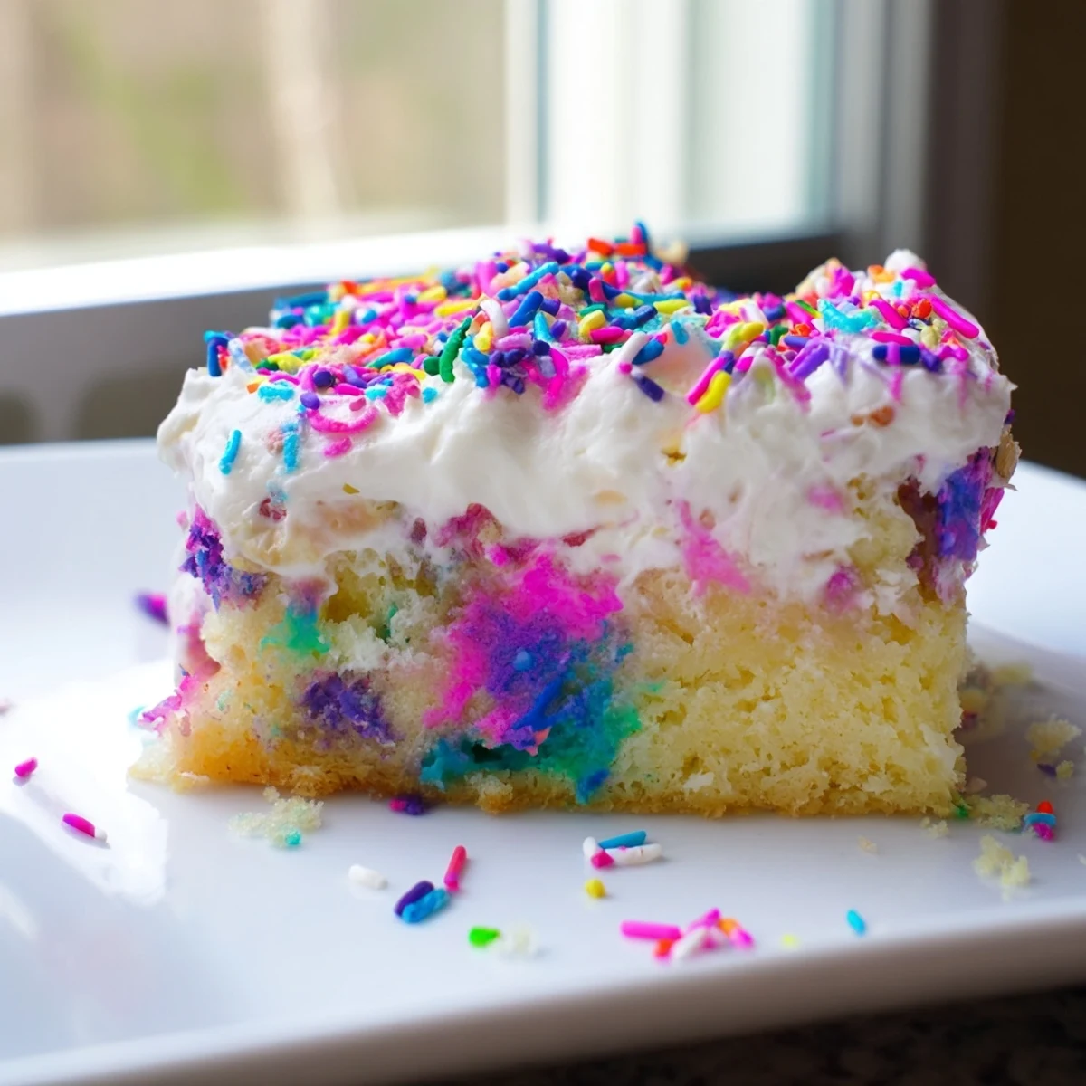 Colorful unicorn poke cake slice revealing vibrant rainbow pudding layers topped with sprinkles
