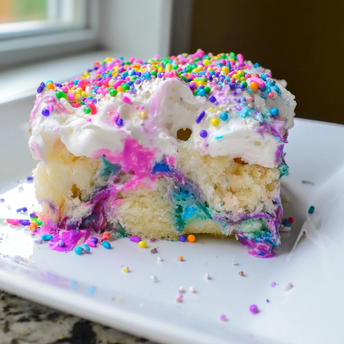 Swirled pastel pudding fills every hole in this whimsical unicorn poke cake