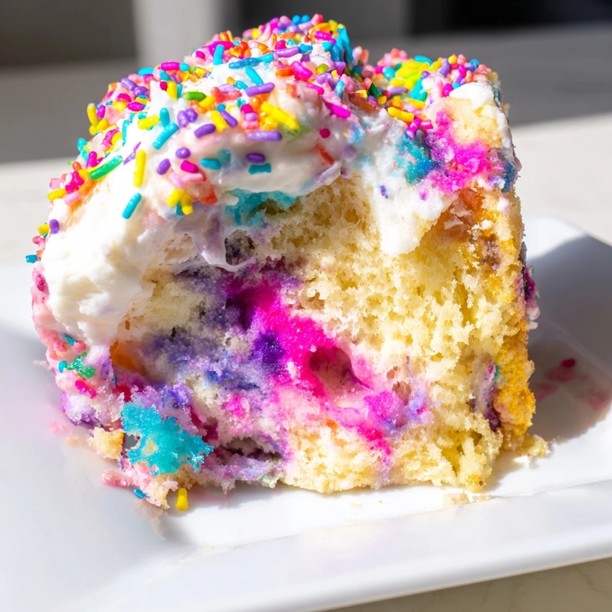 Frosty whipped topping covers a funfetti unicorn poke cake bursting with bright colors