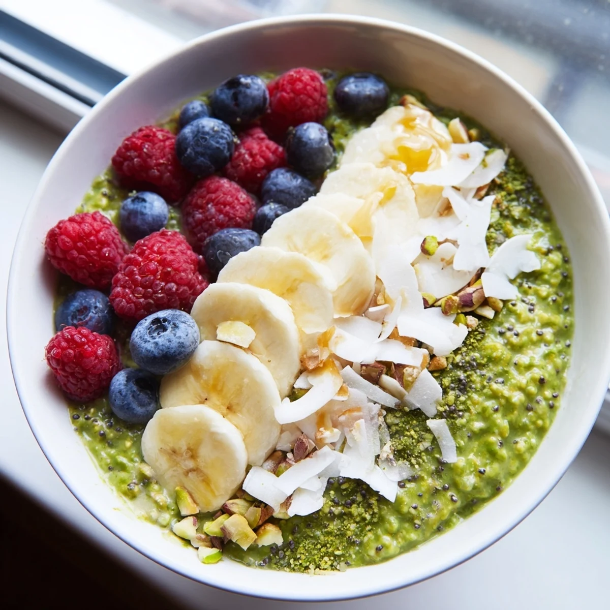 Vibrant green matcha overnight oats in a jar with fresh berries and chopped pistachios