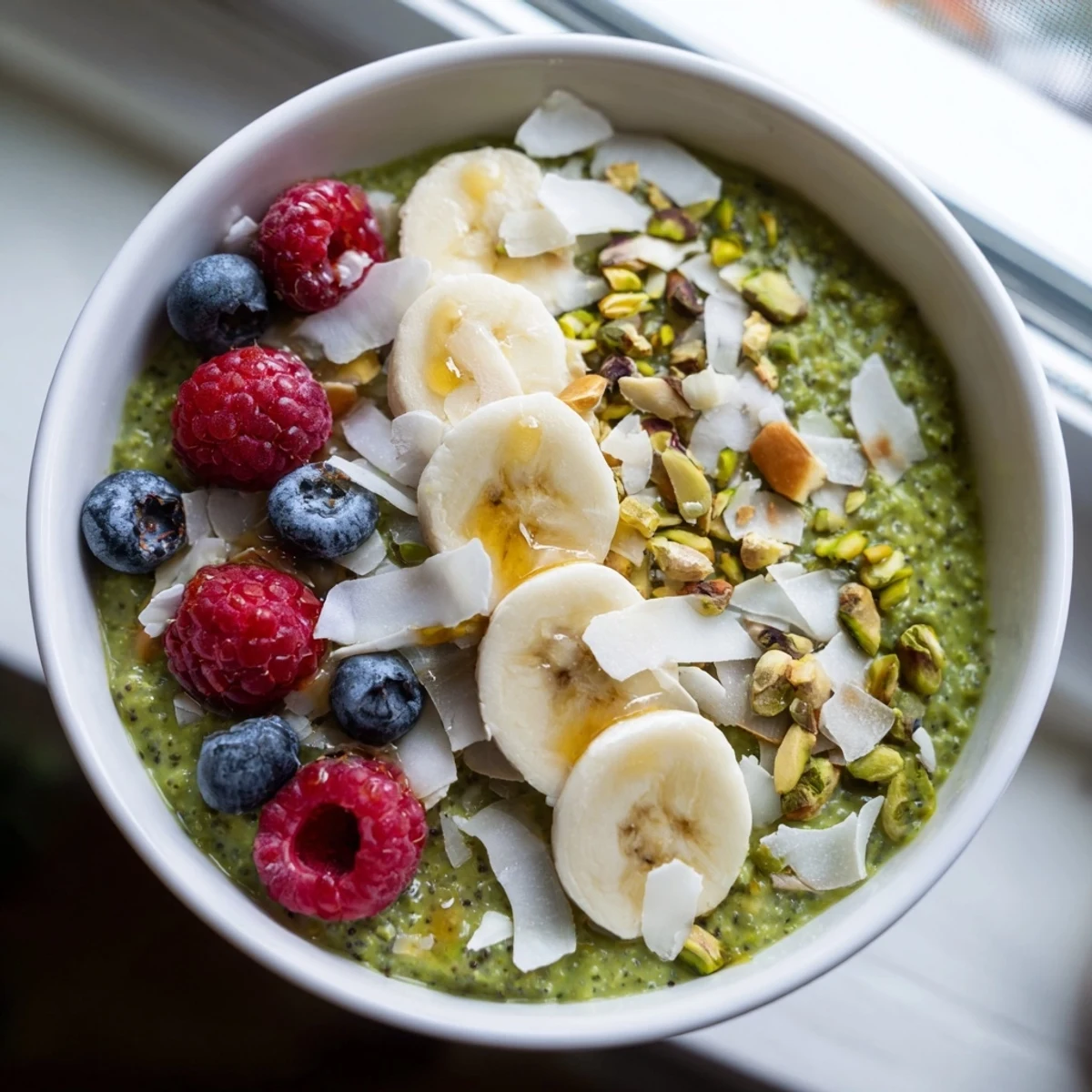 Creamy matcha overnight oats topped with sliced banana and toasted coconut flakes