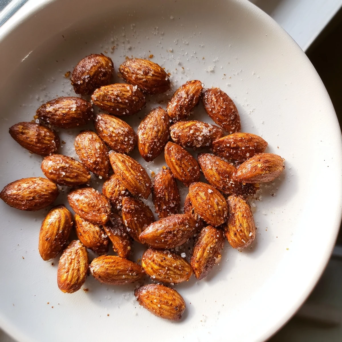 Crunchy roasted almonds cooling on a parchment-lined baking sheet with smoked paprika