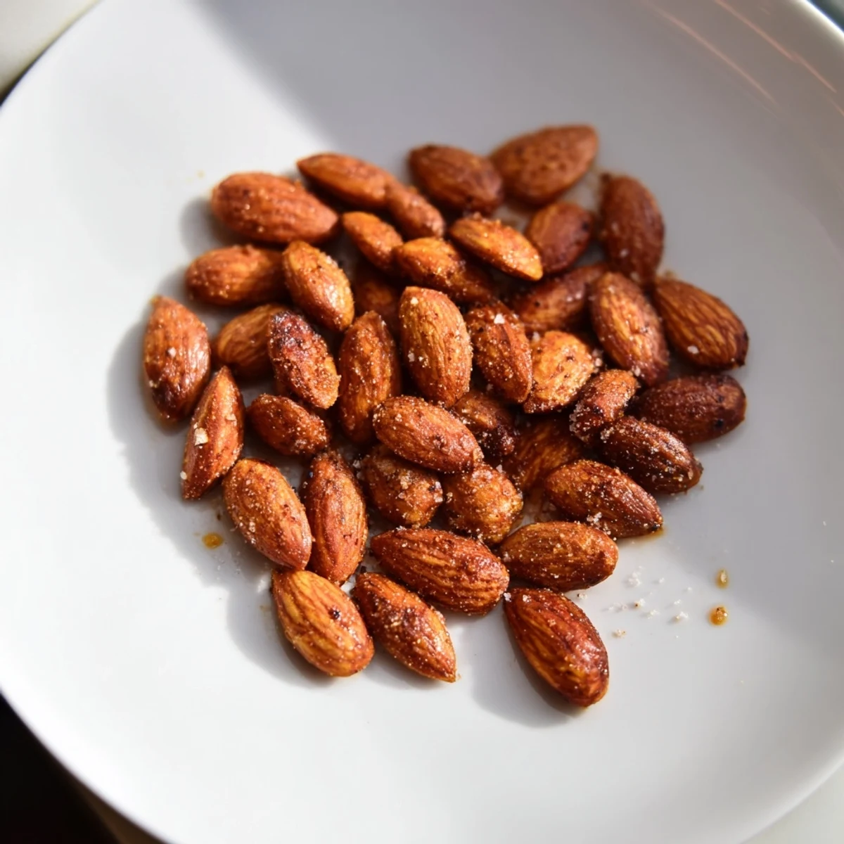 Golden roasted almonds sprinkled with sea salt in a rustic ceramic bowl