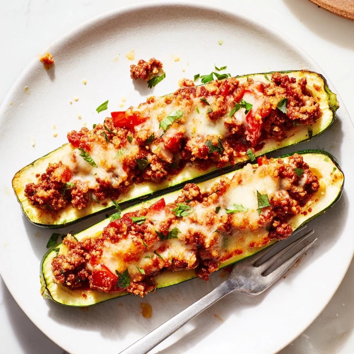 Golden cheesy stuffed zucchini boats with ground beef fresh from the oven