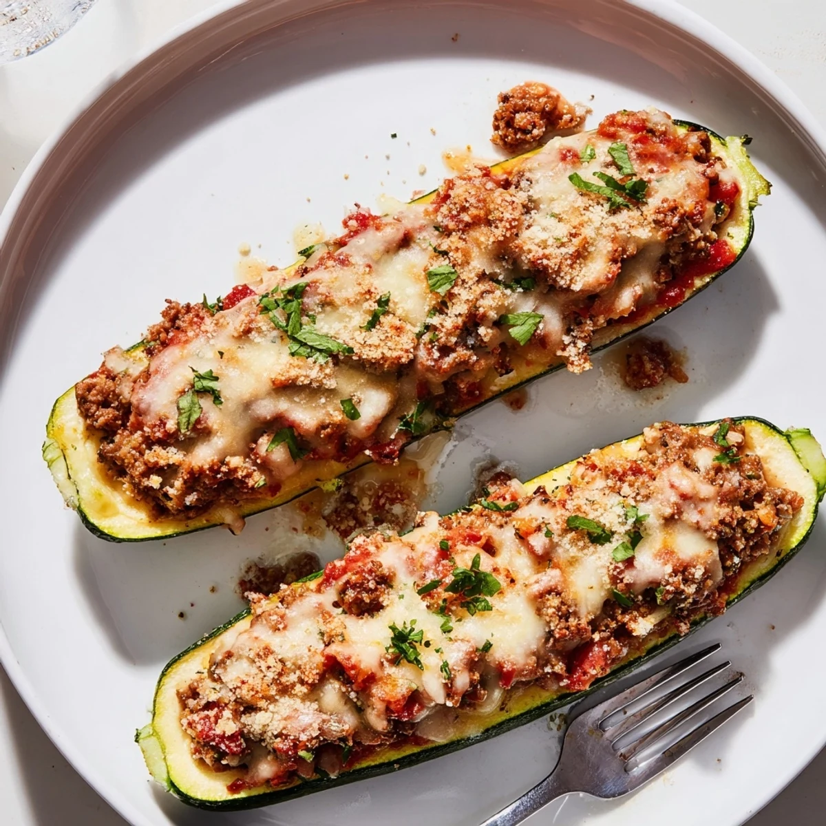 Stuffed zucchini boats with ground beef topped with bubbly melted mozzarella